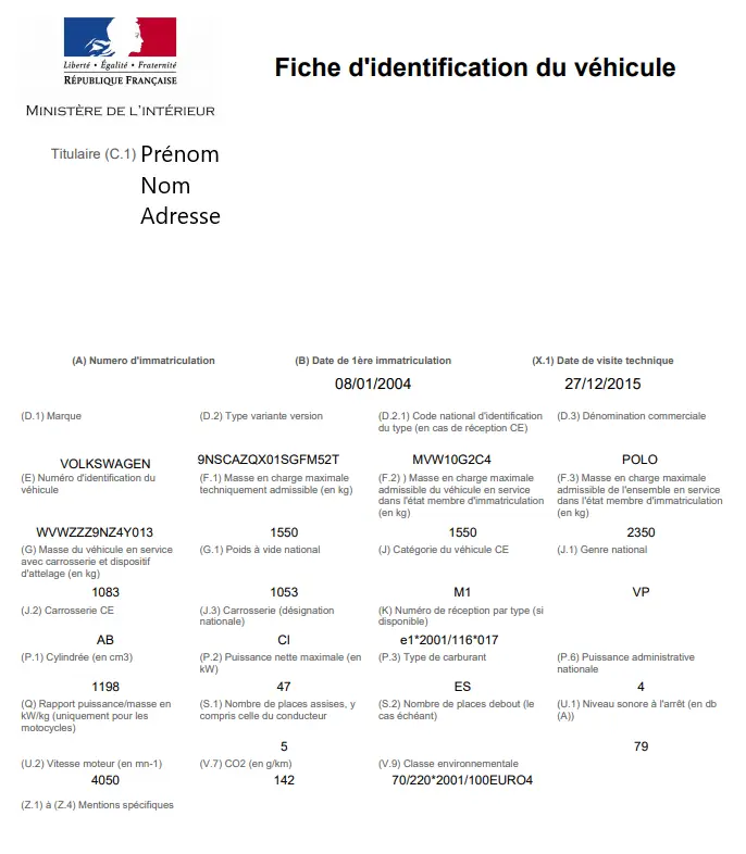 CG - Fiche d'identification véhicule